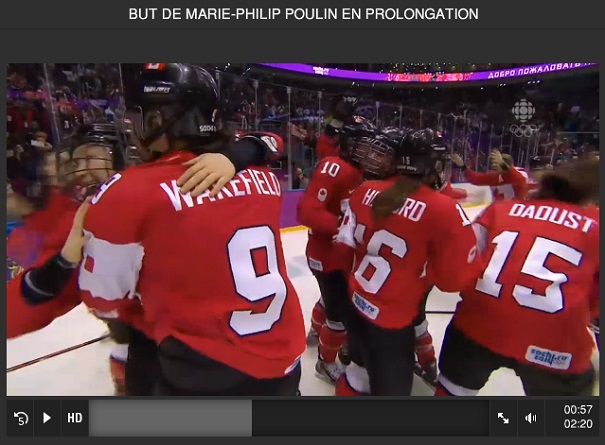 Hockey-feminin-Sotchi-Gain-Canada-3-2-But-en-prolongation-et-joie-des-athletes-canadiennes-Extrait-Radio-Canada