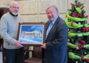Carte de Noel Valleyfield tableau de artiste Robert_Gougeon avec maire Denis_Lapointe Photo courtoisie SDV
