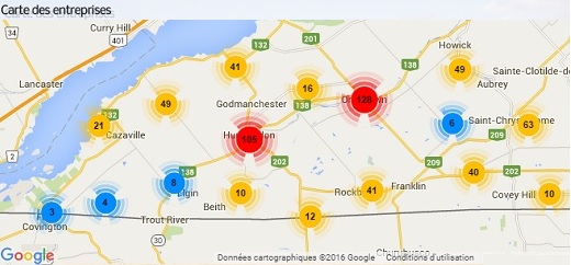Carte Google positionnement des entreprises du Haut-Saint-Laurent Image courtoisie via CLD HSL
