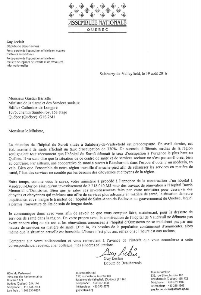 lettre de GuyLeclair au ministre GaetanBarrette