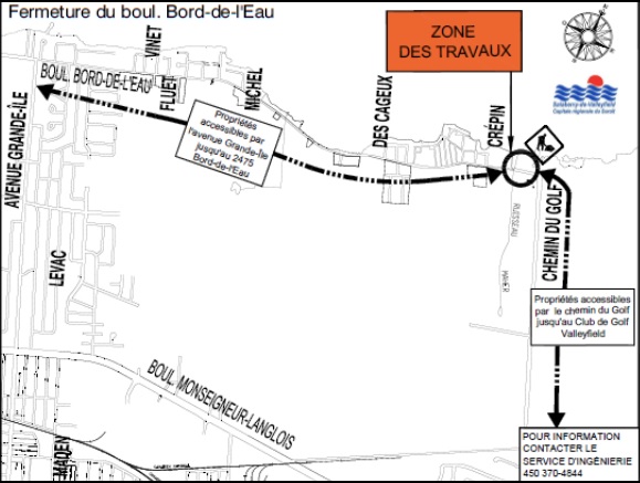 zone travaux 16 aout 2016 a Valleyfield carte via Ville Valleyfield