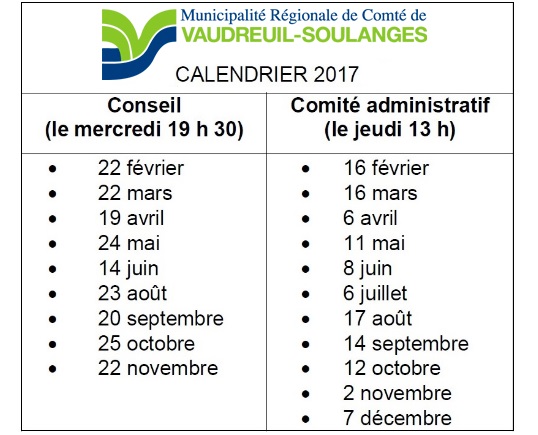 calendrier seances 2017 MRC Vaudreuil-Soulanges