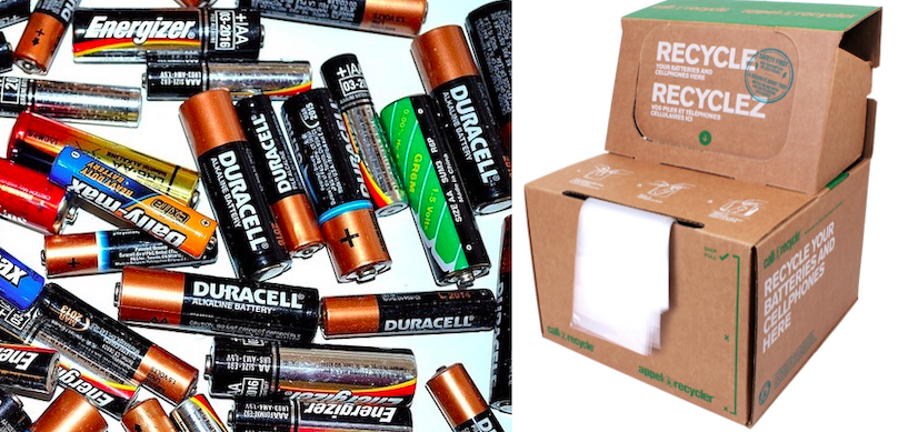 batteries piles PublicDomainPictures via Pixabay et boites Appel a recycler via MRCBhS