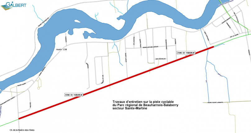 carte zone de travaux piste cyclable a Ste-Martine mai2019 visuel via MRC