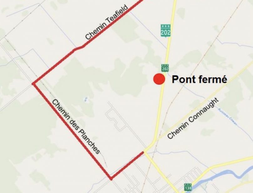 carte MTQ route 202 fermeture entre chemins Teafield et des Planches visuel courtoisie MTQ 26072019