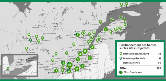 carte des bornes electriques 2019 sur des sites Desjardins visuel courtoisie Desjardins Valleyfield