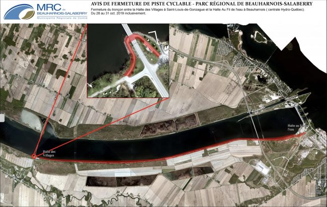 carte fermeture piste cyclable parc regional Beauharnois-Salaberry 28 au 31 oct 2019