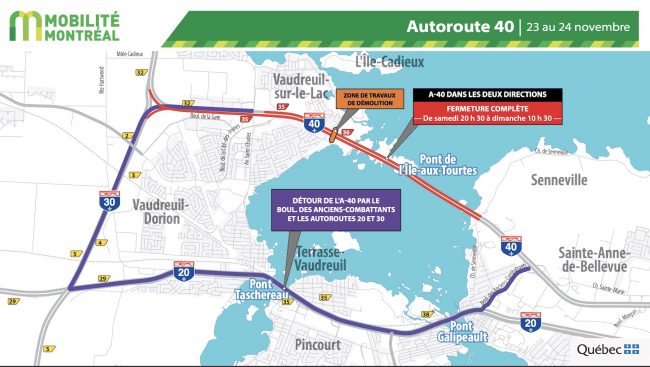 carte Mobilite Montreal fermeture autoroute 40 Vaudreuil-Dorion 23 au 24nov2019